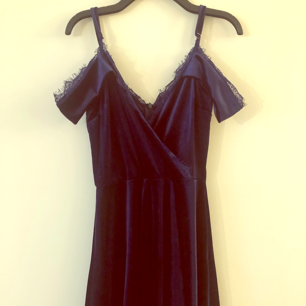 Navy blue velvet off-the-shoulder dress